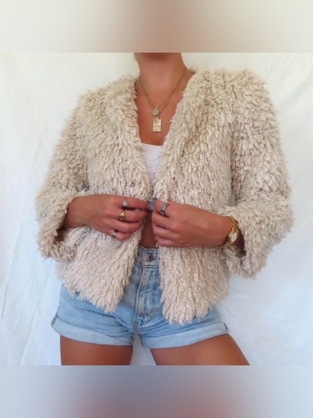 Plush Shaggy Faux Shearling Jacket | Cream | Size Small